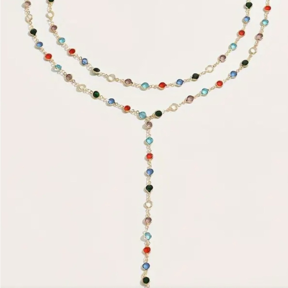 2Piece Elegant‎ Fashion Colorful Rhinestone Y-Shaped Necklace 14K
Gold Plated